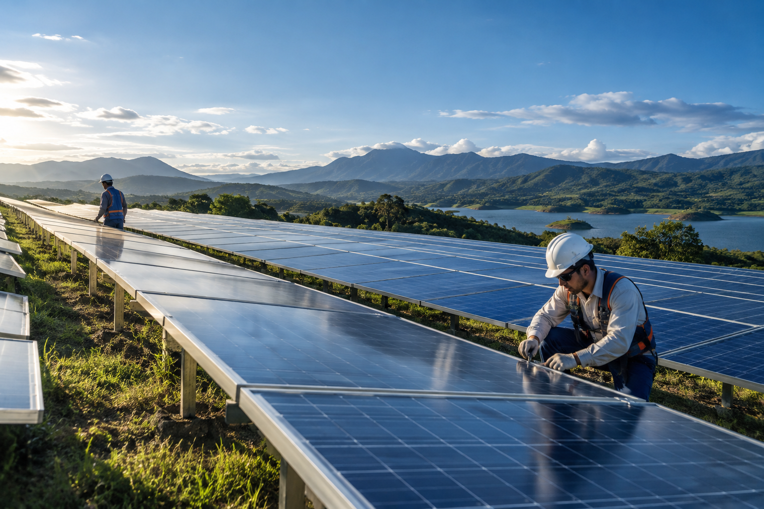 Técnicos trabajando en una instalación de paneles solares en un paisaje montañoso
